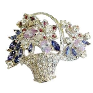 Vintage silver purple crystal sparkle floral basket bouquet brooch pin 1.5”